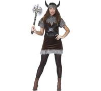 FIESTAS GUIRCA | Costume da Vichinga per Donna (42-44/L) - Vestito, Fascia per Capelli, Cintura e Corna - Costumi da Guerriera Nordica per Halloween, Carnevale e Feste Vichinghe - Marrone e Grigio