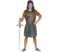 FIESTAS GUIRCA | Costume Guerriero Scozzese Adulto (48-50/M) - Banda, Maglietta, Gilet, Cintura e Gonna - Costumi Medievali per Halloween, Carnevale e Feste in Maschera - Uomo - Marrone e Verde