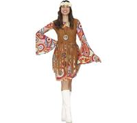 FIESTAS GUIRCA | Costume Hippie Donna - Gilet e Vestito - Costumi Anni '60 e '70 per Feste a Tema, Carnevale e Halloween - Ideale per Adulte - Marrone e Multicolore