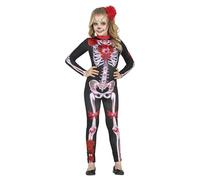 FIESTAS GUIRCA Costume La Catrina - Tuta Lunga con Stampa Scheletro, Fiori e Gioielli per Bambina 7-9 Anni