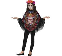 Fiestas Guirca Poncho Costume Día de los Muertos Bambini (7-9 anni) per ragazze Nero