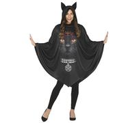 FIESTAS GUIRCA Costume Poncho Nero Con Stampa Gatto Nero Strega Per Donna Adulta Taglia Unica
