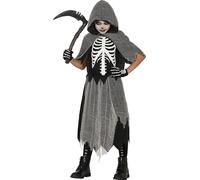 FIESTAS GUIRCA | Costume scheletron Reaper Bambini (5-6 anni) - Cappa, Cappuccio e Vestito - Costumi da Scheletro per Halloween, Carnevale e Feste in Maschera - Ideale per Bambine - Nero e Grigio
