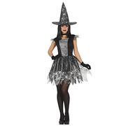 FIESTAS GUIRCA | Costume Strega Argentata Adulta - 36-38 S | Set 2 Pezzi | Cappello a Punta | Abito Strati Irregolari | Motivo Ragnatele Argento | Carnevale, Halloween