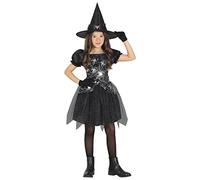 FIESTAS GUIRCA | Costume Strega Bambina - Nero Argento - 7-9 anni | Set 2 Pezzi | Cappello a Punta | Abito Tulle Glitter | Motivo Ragnatele | Halloween, Carnevale, Recite Scolastiche