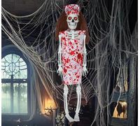 FIESTAS GUIRCA | Decorazione da Appendere Scheletro Infermiera (40 cm) - Decorazione di Halloween per Feste del TERRORE - Ideale per Ambienti Inquietanti e Scenari di Paura - Bianco Beige