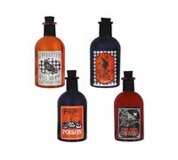 FIESTAS GUIRCA | Decorazione Da Tavola Bottiglie Veleno - Nero, Arancio | Set 4 Pezzi | Etichette Vintage | Vetro Opaco | Tappi Neri | 14 cm | Halloween, Carnevale