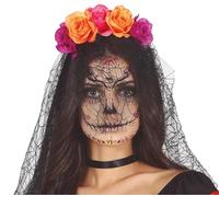 Fiestas Guirca Halloween Cerchietto | Accessori di Halloween | Complemento per il tuo Costumi di Halloween Donna con un Velo, e un Cerchietto Fiori Lilla e Arancioni