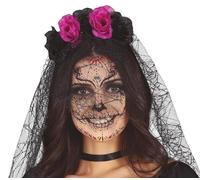 FIESTAS GUIRCA Halloween Cerchietto | Accessori di Halloween | Complemento per il tuo Costumi di Halloween Donna con un Velo, e un Cerchietto Fiori Neri e Lilla