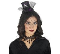 FIESTAS GUIRCA | Mini Cappello con Veletta per Costume Donna - Nero/viola | Cappellino Mini | Pois Decorativi | Rosa Nera con Ragno | Cerchietto Incluso | Halloween, Carnevale, Feste a Tema