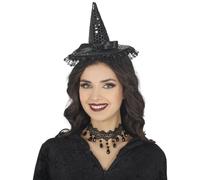 FIESTAS GUIRCA | Mini Cappello da Strega con Paillettes e CERCHIETTO (Taglia Unica) - Accessorio per Costume da Strega e Halloween - Ideale per Donna Adulta in Feste di Streghe e Celebrazioni - Nero