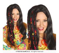 Fiestas Guirca Parrucca Hippie Nera Con Treccine E Perline Multi 60s