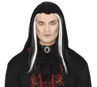 FIESTAS GUIRCA | Parrucca Vampiro Uomo - Lunga Nera con Ciocche Bianche | Stile Gotico Immediato | Fibre Sintetiche | Oltre le Spalle | Nero con Riflessi Chiari | Halloween, Carnevale