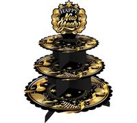 FIESTAS GUIRCA | Vassoio a 3 Livelli Happy New Year (40x30 cm) - Decorazione per Tavolo per Feste di Fine Anno e Celebrazioni - Ideale per Natale e Capodanno - Nero Oro