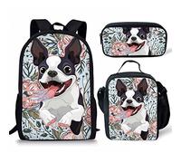fifbird Carino blu denim gatto cane scuola zaino tendenza moda bookbag pranzo borsa portapranzo astuccio scatola 3 set Backapck, Boston Terrier, Taglia unica, Zaini Daypack