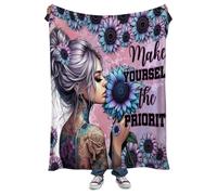 fifbird Coperta in pile di flanella, motivo girasole viola Make Yourself The Priorit morbida, con citazioni ispiratrici di pensieri positivi, per camera da letto, ideale come regalo per ragazze