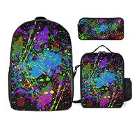 fifbird Glow in Dark Splatter Neon Set zaino, 3 pezzi, kit zaino di borsa per il pranzo, astuccio, grande capacità, Si illumina al buio, Taglia unica, Zaini Daypack
