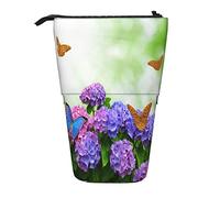fifbird Portamatite autoportante viola ortensia elegante volare farfalle foglie verdi fiore stampa portapenne durevole per studenti cancelleria scatola organizer personalizzata per ragazzi e ragazze,