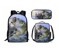 fifbird Set di 3 astucci per la scuola per bambini, motivo dinosauro, borsa termica per il pranzo, cinghie regolabili, Animal Bass Fis, Taglia unica, Zaini Daypack
