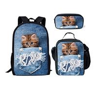 fifbird Set di 3 zainetti in denim a forma di cucciolo di cane, borsa portapranzo, astuccio per il rientro a scuola, per studenti, bambini e bambini, Pocket One Cat, Taglia unica, Zaini Daypack