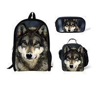 fifbird Set di 3 zaini con design dinosauro, borsa per la scuola, portapranzo, resistente, confortevole, casual, per andare a scuola, Lupo, Taglia unica, Zaini Daypack