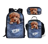 fifbird Set di 3 zaini con design dinosauro, borsa per la scuola, portapranzo, resistente, confortevole, casual, per andare a scuola, Cane Teddy, Taglia unica, Zaini Daypack
