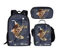 fifbird Set di 3 zaini con design dinosauro, borsa per la scuola, portapranzo, resistente, confortevole, casual, per andare a scuola, Adorabile gatto, Taglia unica, Zaini Daypack