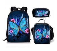 fifbird Set di 3 zaini con design dinosauro, borsa per la scuola, portapranzo, resistente, confortevole, casual, per andare a scuola, Farfalla blu., Taglia unica, Zaini Daypack