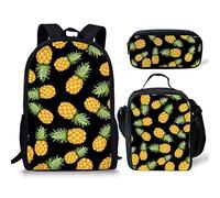 fifbird Set di 3 zaini con design dinosauro, borsa per la scuola, portapranzo, resistente, confortevole, casual, per andare a scuola, Ananas, Taglia unica, Zaini Daypack