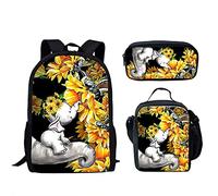 fifbird Set di 3 zaini con design dinosauro, borsa per la scuola, portapranzo, resistente, confortevole, casual, per andare a scuola, Elefante Sunflo, Taglia unica, Zaini Daypack