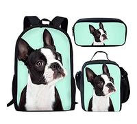 fifbird Set di 3 zaini con design dinosauro, borsa per la scuola, portapranzo, resistente, confortevole, casual, per andare a scuola, Boston Terrier, Taglia unica, Zaini Daypack