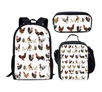fifbird Set di 3 zaini con design dinosauro, borsa per la scuola, portapranzo, resistente, confortevole, casual, per andare a scuola, Pollo, Taglia unica, Zaini Daypack