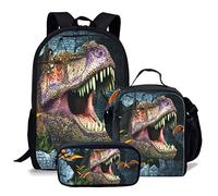 fifbird Set di 3 zaini per la scuola con animali e astuccio con dinosauro T-rex 3D, elegante zaino unisex per ragazzi e ragazze, set da 3 pezzi, Multisauro-7, Taglia unica, Zaini Daypack