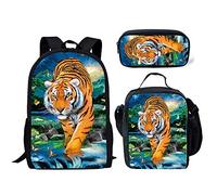 fifbird Set di 3 zaini per la scuola con dinosauri, grande borsa a tracolla con portabottiglie, portapranzo, astuccio per matite, Motivo tigre., Taglia unica, Zaini Daypack