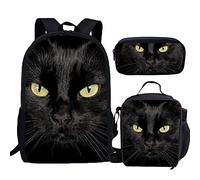 fifbird Set di 3 zaini per la scuola con dinosauri, grande borsa a tracolla con portabottiglie, portapranzo, astuccio per matite, Gatto nero , Taglia unica, Zaini Daypack