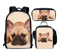 fifbird Set di 3 zaini per la scuola con dinosauri, grande borsa a tracolla con portabottiglie, portapranzo, astuccio per matite, Bulldog francese., Taglia unica, Zaini Daypack