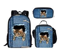 fifbird Set di 3 zaini per la scuola con dinosauri, grande borsa a tracolla con portabottiglie, portapranzo, astuccio per matite, Stampa Demin Cat, Taglia unica, Zaini Daypack