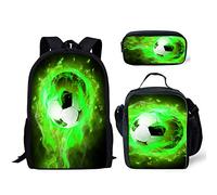 fifbird Set di 3 zaini per la scuola con dinosauri, grande borsa a tracolla con portabottiglie, portapranzo, astuccio per matite, Verde calcio., Taglia unica, Zaini Daypack