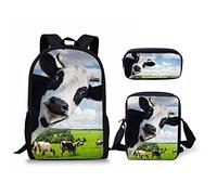 fifbird Set di 3 zaini per la scuola media con stampa di mucca animalier, set da 3 pezzi con borsa a tracolla e astuccio per matite, con cerniera, resistenti e alla moda, Animale della mucca, Taglia