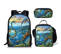 fifbird Set di 3 zaini per la scuola, per bambini, con stampa di dinosauri, zaino da viaggio, zaino da viaggio, borsa per il pranzo, astuccio, triceratopo, pterodattilo, dinosauro, Multi3., Taglia