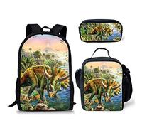 fifbird Set di 3 zaini per la scuola, per bambini, con stampa di dinosauri, zaino da viaggio, zaino da viaggio, borsa per il pranzo, astuccio, triceratopo, pterodattilo, dinosauro, Multi-2., Taglia