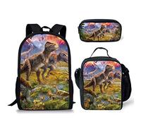 fifbird Set di 3 zaini per la scuola, per bambini, con stampa di dinosauri, zaino da viaggio, zaino da viaggio, borsa per il pranzo, astuccio, triceratopo, pterodattilo, dinosauro, Multi-4., Taglia