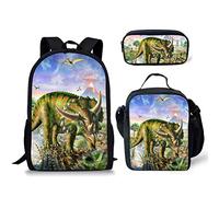 fifbird Set di 3 zaini per la scuola, per bambini, con stampa di dinosauri, zaino da viaggio, zaino da viaggio, borsa per il pranzo, astuccio, triceratopo, pterodattilo, dinosauro, Multi-16., Taglia