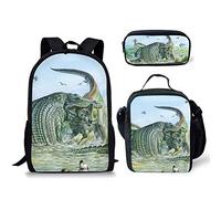 fifbird Set di 3 zaini per la scuola, per bambini, con stampa di dinosauri, zaino da viaggio, zaino da viaggio, borsa per il pranzo, astuccio, triceratopo, pterodattilo, dinosauro, Multi-12., Taglia