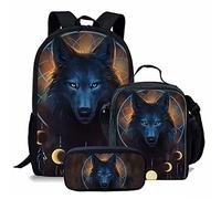 fifbird Set di 3 zaini per la scuola per ragazzi, con acchiappasogni, lupo, borsa per la scuola, casual, per computer portatile, set di zaini, portapranzo termico con astuccio, Acchiappasogni W,