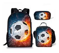 fifbird Set di 3 zaini per la scuola T-rex con dinosauro per ragazzi in tela con borsa per il pranzo e astuccio per adolescenti zaino grande, Calcio-1, Taglia unica, Zaino daypack