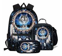 fifbird Set di borse per la scuola per bambini, motivo lupo, con acchiappasogni, zaino casual + borsa a tracolla per il pranzo + astuccio per penne (3 pezzi), Acchiappasogni W, Taglia unica, Zaini