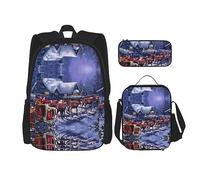fifbird Set di zainetti per la scuola: zaino con portapranzo, astuccio per matite, elegante e durevole, set di zaini per la scuola, magia natalizia, Snow Night Sant, Taglia unica, Zaini Daypack