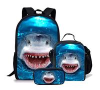 fifbird Set di zaini per la scuola per bambini e ragazzi, con borsa per il pranzo, 3 pezzi, set di libri per studenti elementari, zaino casual per donne e uomini, zaino dinosauro, Squalo animale Se,