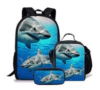 fifbird Set di zaini per la scuola per bambini e ragazzi, con borsa per il pranzo, 3 pezzi, set di libri per studenti elementari, zaino casual per donne e uomini, zaino dinosauro, Squalo animale Se,